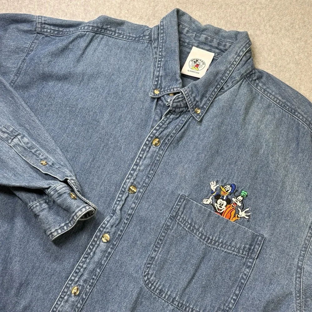 Vintage Disney Mickey‎ Denim Button Down Shirt Mickey Donald Goofy XL